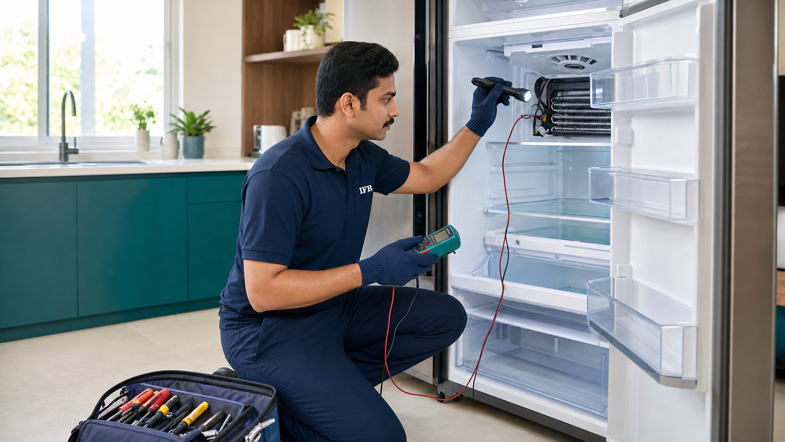IFB technician inspecting refrigerator airflow and evaporator components
