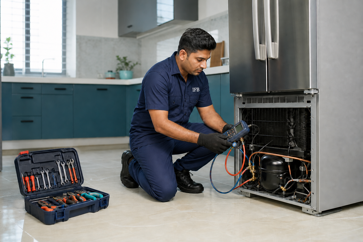 IFB technician diagnosing a refrigerator