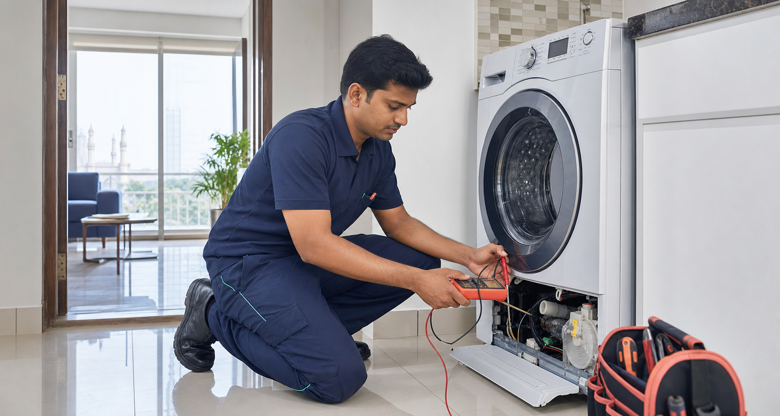 Technician diagnosing a front-load washing machine